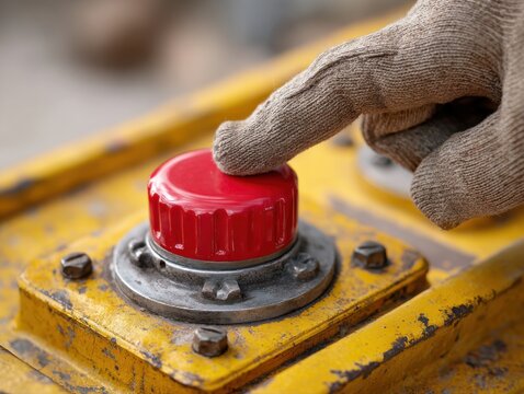 Gloved hand pressing industrial red emergency stop button on yellow machinery panel - Powered by Adobe