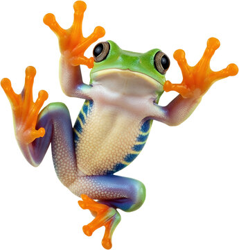 Vibrant green tree frog with orange toes and blue markings upside down clinging to a surface green frog transparent background