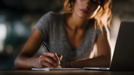 Focused solo entrepreneur writing business goals on paper beside laptop