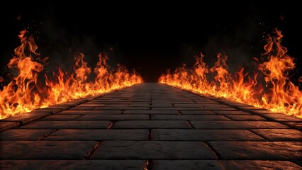 A long stone path disappearing into the darkness with fiery flames on both sides