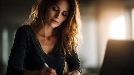 Fototapeta premium Woman writing business goals beside laptop in warm lighting