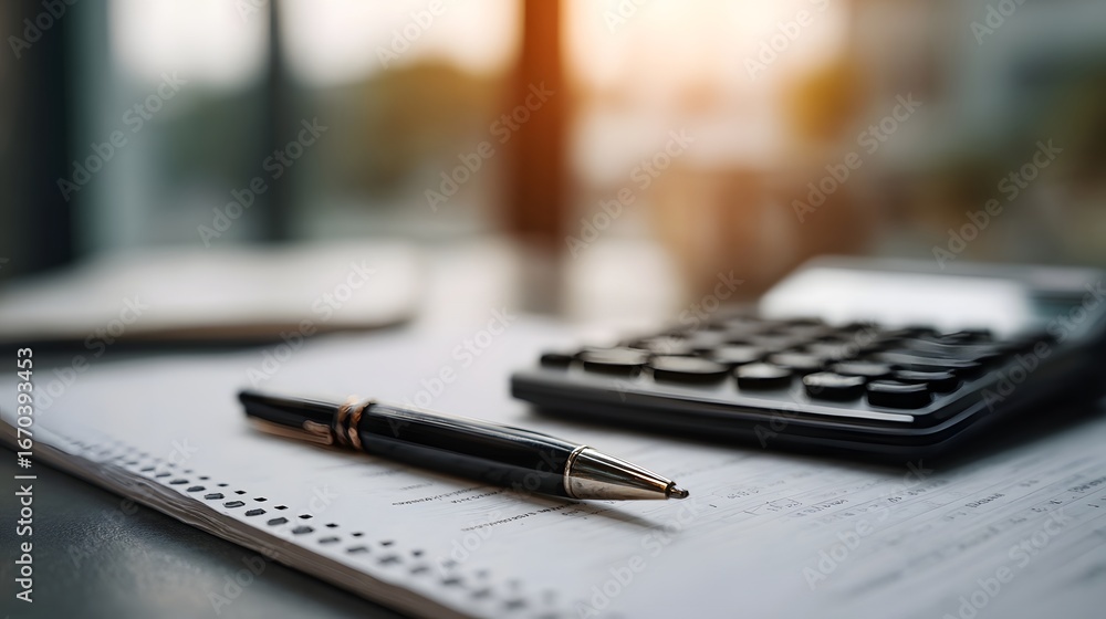 Poster a financial report sits on a desk with a pen and calculator long title a financial report pen and ca