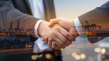Business partners shaking hands with a city skyline and industrial port in the background