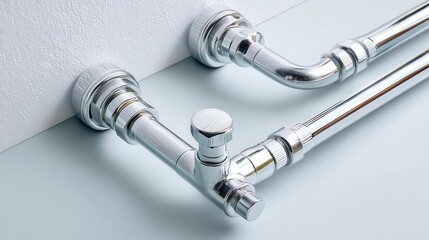Shiny chrome plumbing pipes and fittings mounted against a white wall, showing modern, clean, and reflective metalwork.