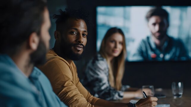 A diverse team in a video conference call for hybrid work