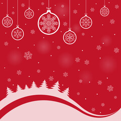 Red chrismas card design with winter landscape, pine forest, baubles illustration. Winter holidays concept card design to use for merry christmas greetings, winter advertising, happy new year card.