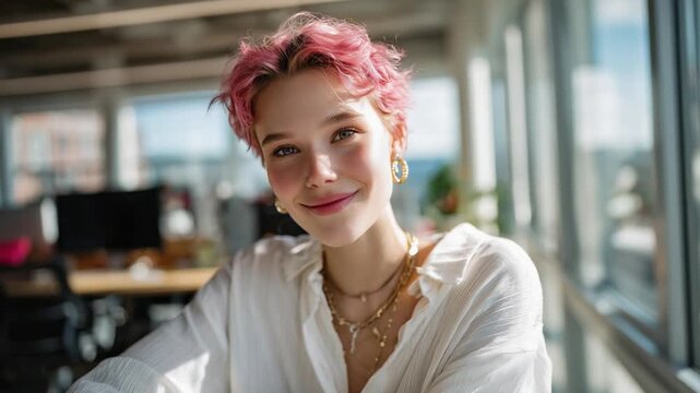 A young woman with a vibrant pink pixie cut and delicate jewelry is warmly lit in a modern, airy workspace.