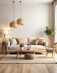 Tranquil Japandi Living Room with Woven Pendant Lights and Earthy Tones.
