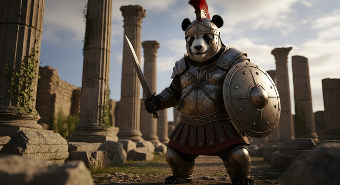 Ancient Roman Gladiator Panda Warrior with Sword and Shield in Ruins