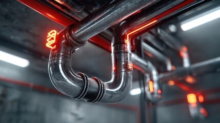 Shiny metal pipes with glowing red indicators run through an industrial, dimly lit environment.