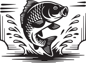 Dynamic Leaping Carp Illustration: Bold Black & White Silhouette with Stylized Water Splashes for Aquatic Branding, Tattoo Art, Embroidery, Fishing Logos, and Cultural Design Assets"