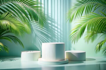 Minimalist product display with three white cylindrical podiums surrounded by lush green palm leaves, casting dramatic shadows on a light blue background