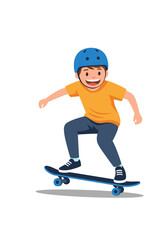 Obraz premium Cheerful young boy skateboarding with a helmet for safety and a bright smile expressing excitement