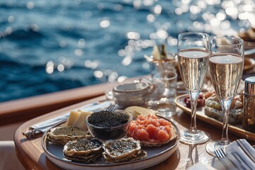 Fototapeta premium Luxurious yacht brunch caviar oysters champagne