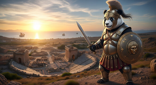Epic scene of a heroic panda gladiator in full battle armor watching the sun set over a historical amphitheater