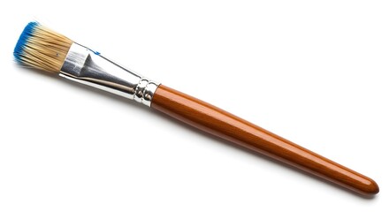 Fototapeta premium Paintbrush with Blue Paint, a Close-Up of a Professional Artist's Tool, Wooden Handle and Silver Ferrule Paintbrush