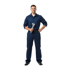 Mechanic stands holding wrench smiling in dark blue uniform on white or transparent background