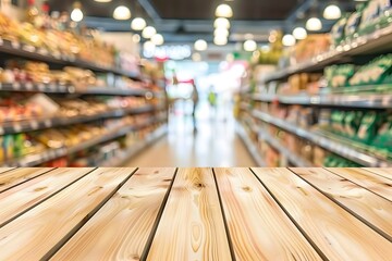Empty wood table top with supermarket blurred background for product display 