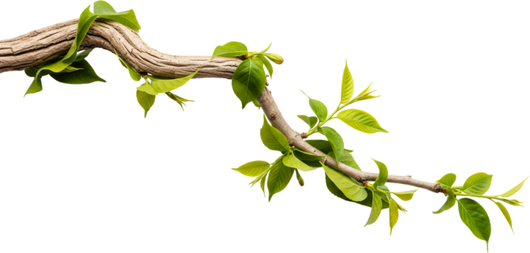 Bark texture branch with new vibrant green leaves emerging and unfurling wood transparent background transparent background