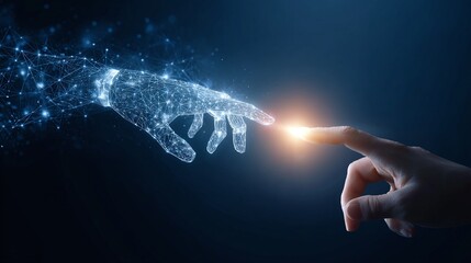 Human finger touches the glowing digital hand constructed from polygons and glowing light particles