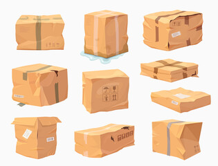 Damaged crumpled cardboard delivery boxes or broken and ripped cargo parcel packages, vector icons. Parcel package boxes damage with torn or bent and crumpled or soaked cardboard and crushed carton
