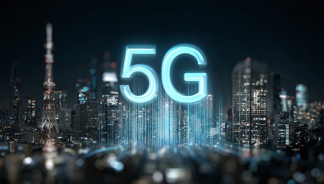 Illuminated five G letters soar above a vibrant cityscape at night creating a bright futuristic symbol