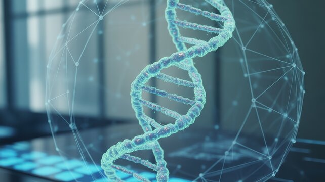 Futuristic digital dna helix with glowing blue light and network connections - Powered by Adobe