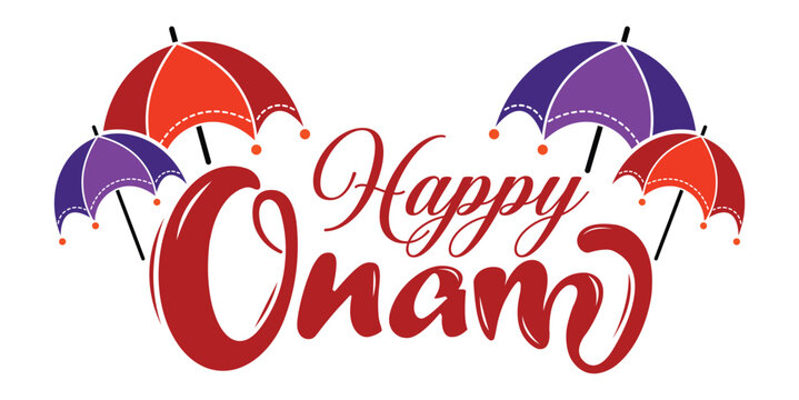 Stylized navy blue "Happy Onam" graphic with script font and overlapping umbrellas above the "O". Minimal festive design on white background, simple and elegant for celebration themes.