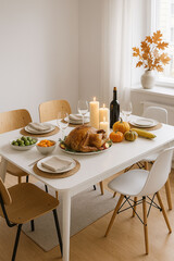 Scandinavian Style Thanksgiving Table with Turkey and Candles