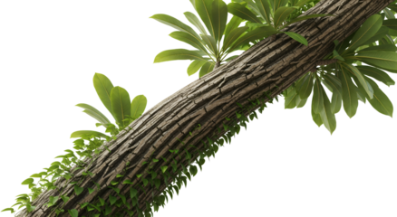 A textured tree trunk covered with lush green leaves and creeping vines bark transparent background isolate transparent background