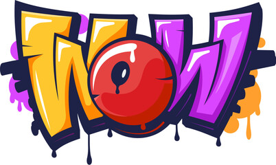 Urban street art graffiti cool artwork of paint spray writing on wall, vector icon. Wow graffiti doodle font and urban street art text artwork word with paint drips and liquid drops
