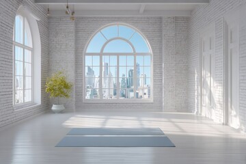 Fototapeta premium Clean Yoga Studio. Modern Interior Design of a Stylish Bright White Yoga Gym with City View