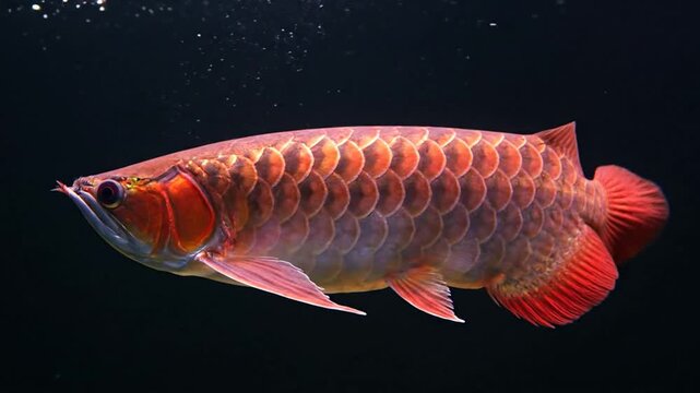 Magnificent Red Arowana Fish Swimming in Aquarium, Osteoglossidae Exotic Pet