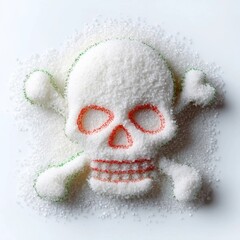 A skull and crossbones made from sugar granules highlights the dangers of excessive sugar consumption.