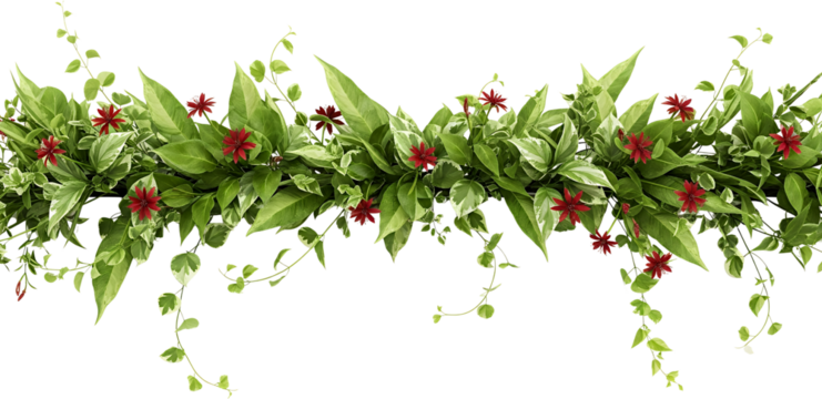 A dense border of variegated green leaves with delicate red flowers and hanging vines foliage plant nature transparent background