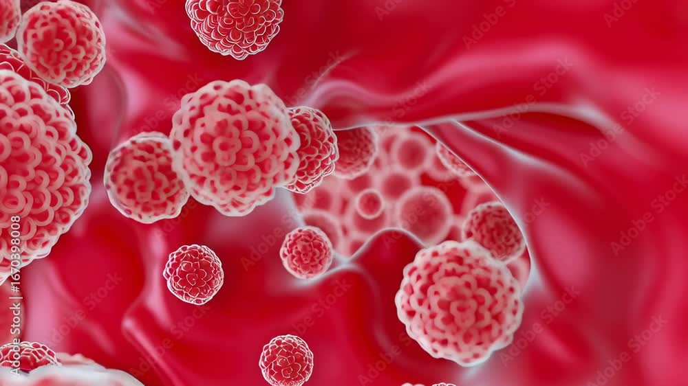 Poster close-up view of red spherical cells with intricate details.