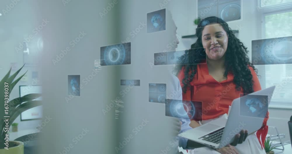 Aufkleber woman pointing laptop and man gesturing causing floating panels showing data for tech collaboration