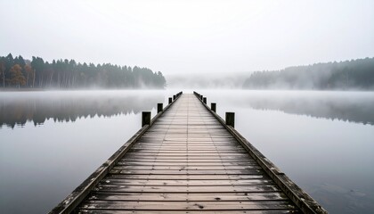 Fototapeta premium A long wooden pier extending into the lake shrouded in fog.