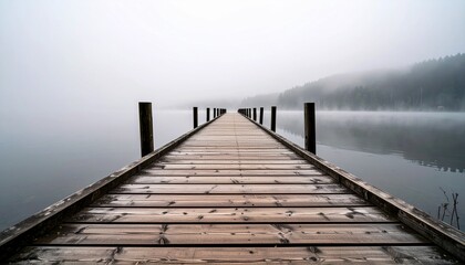 Obraz premium A long wooden pier extending into the lake shrouded in fog.