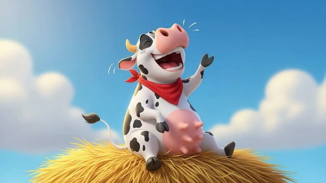 Happy cartoon cow laughing on haystack under blue sky