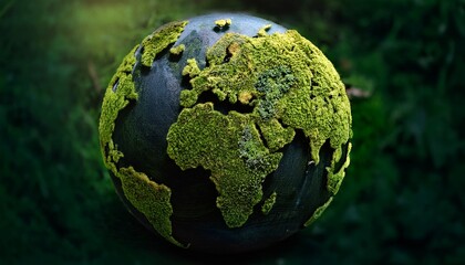 intricate earth globes covered in lush green moss and textured surface on a dark background