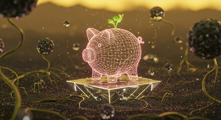 Futuristic digital hologram of a piggy bank with a sprouting plant surrounded by abstract technology elements representing innovation virtual reality and modern digital concepts