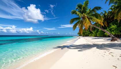 Naklejka premium Bright Blue Ocean and Sky Summer Seascape with White Sand Beach and Palm Trees 
