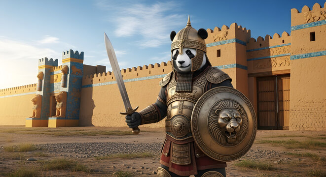 Valiant panda warrior in ornate armor holding a sword and shield before an ancient Mesopotamian city gate