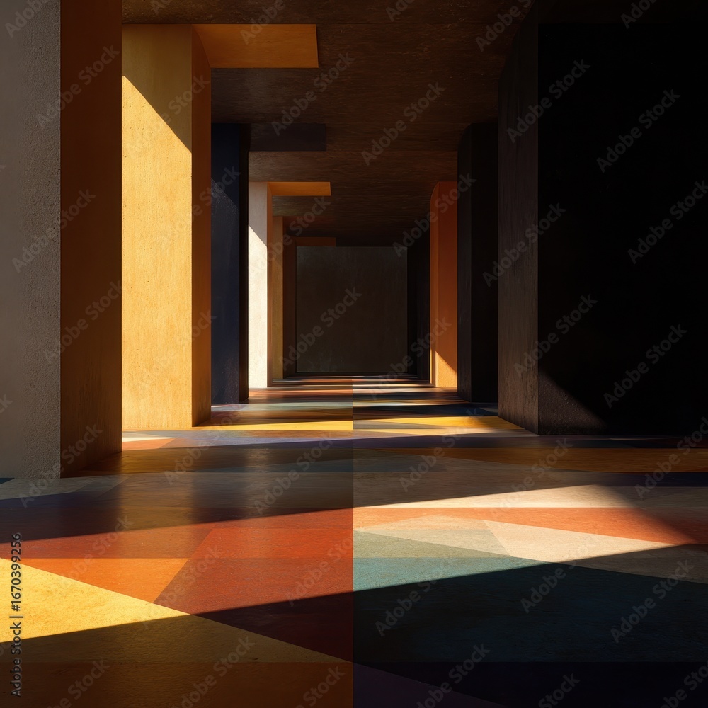 Poster hallway with geometric flooring and strong shadows creating depth and visual interest
