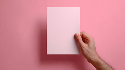 Obraz premium Male hand holding blank light pink paper against a solid pink background