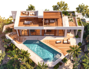 Luxury Modern Villa with Pool Deck, Bird’s-Eye View, 3D Render, Isolated