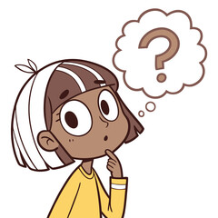 A young girl with brown skin and dark hair with white highlights, looking up and to the side with wide eyes and a pensive expression. She has her hand on her chin, and a thought bubble above her head 