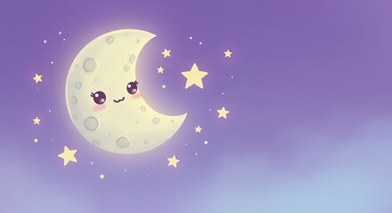 Naklejka premium Cute Kawaii Crescent Moon and Stars Night Sky Illustration