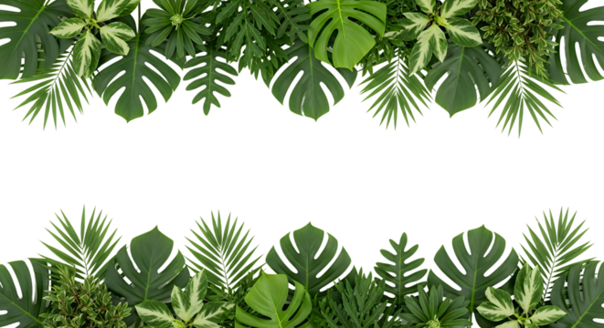 Lush assortment of tropical leaves including monstera and palm fronds arranged top and bottom Green Jungle transparent background